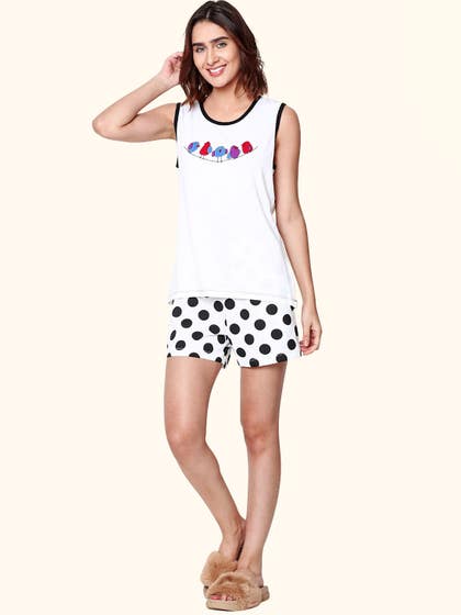 Shyaway White Bird Polka Print Nightwear Shorts Set