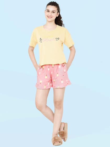 Shyaway Pink Yellow Blessed Print Nightwear Shorts Set