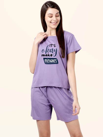 Shyaway Paisley Purple Rolled Sleeve Nightwear Shorts Set
