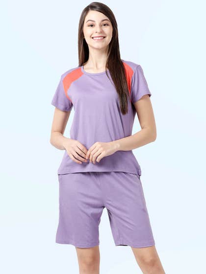 Shyaway Paisley Purple Contrast Panel Nightwear Shorts Set