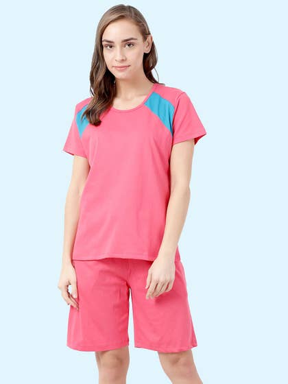  Shyaway Pink Blue Solid Half Sleeve Shorts Set