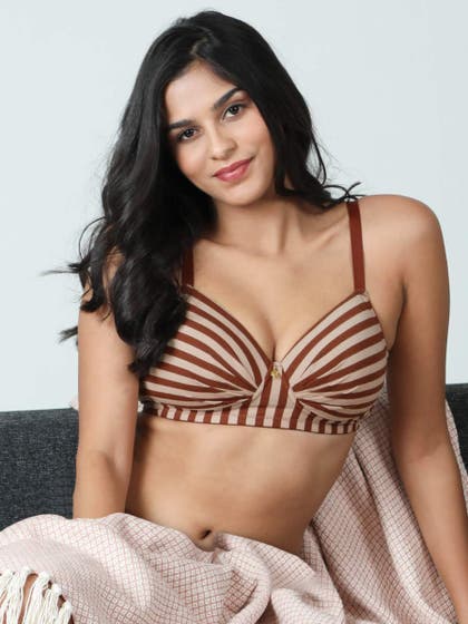 Taabu Cinnamon Brown Padded Wirefree Striped Cotton Bra