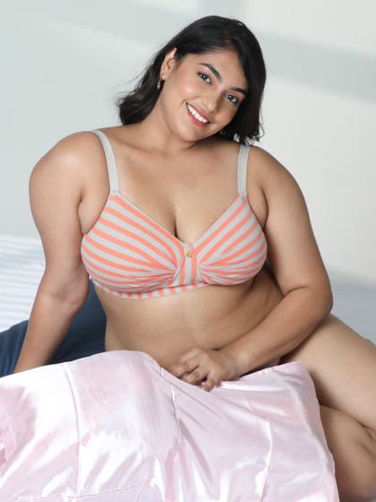 Taabu Salmon Peach Padded Wirefree Striped Cotton Bra