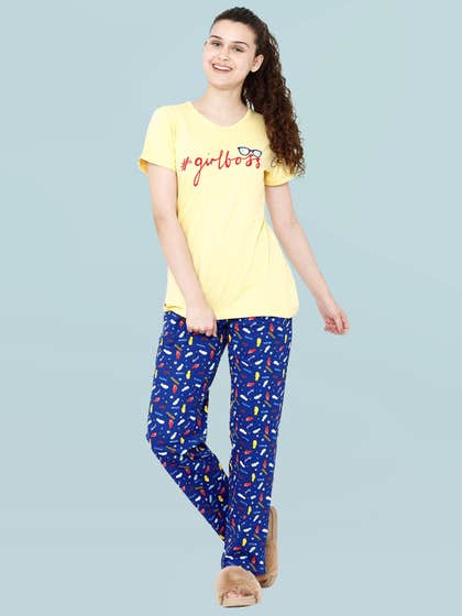 Shyaway Blue Yellow Girl Boss Print Nightwear Pyjama Set