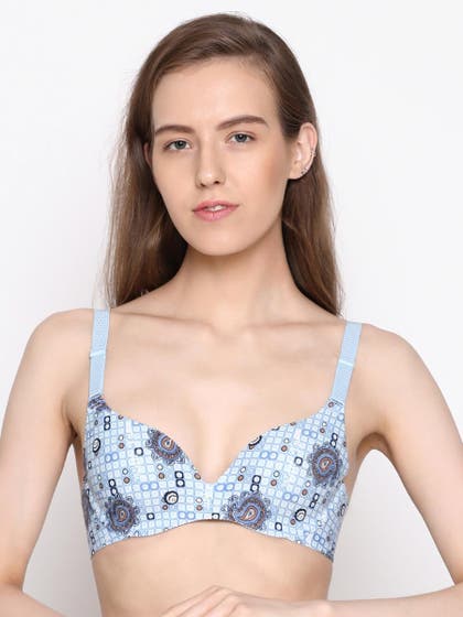 Shyaway Blue Geometric Paisely Print Seamless T-Shirt Bra
