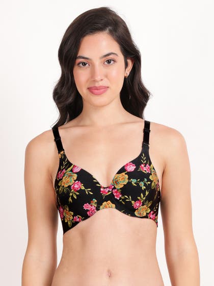 Shyaway HANA Black Floral Garden Print Seamless T-Shirt Bra