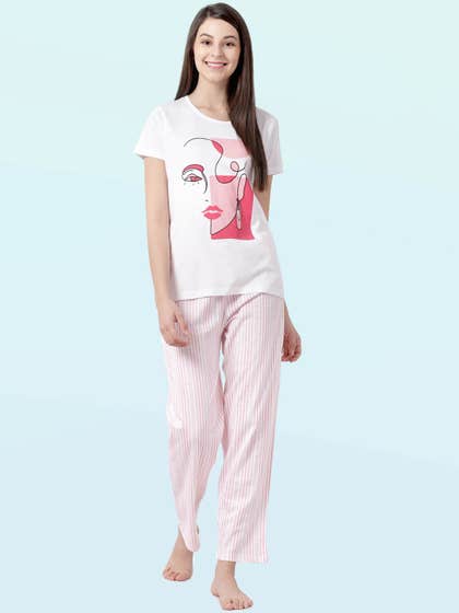 Shyaway White Pink Pretty Woman Print Nightwear Pyjama Set