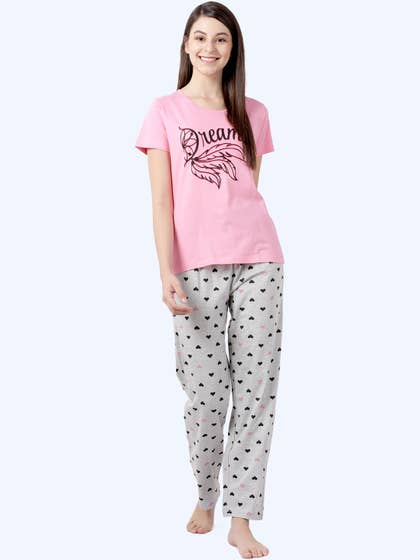 Shyaway Pink Grey Dreamer Print Nightwear Pyjama Set