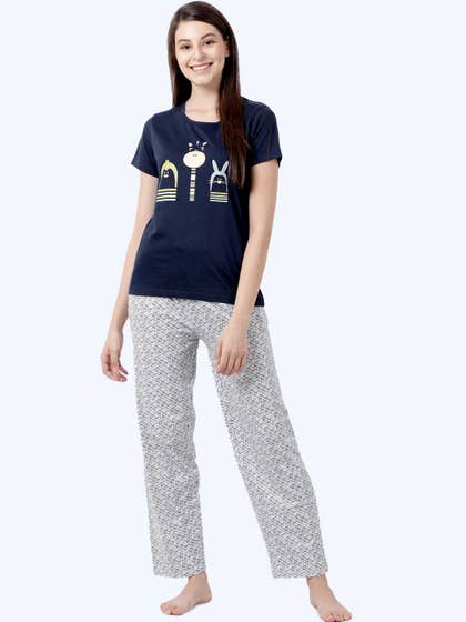 Shyaway Navyblue White Animal Print Nightwear Pyjama Set