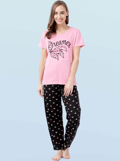 Shyaway Pink Black Heart Print Nightwear Pyjama Set