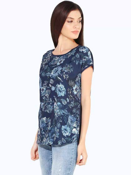 United Classic Navy Blue Floral Casual Printed High-Low Top