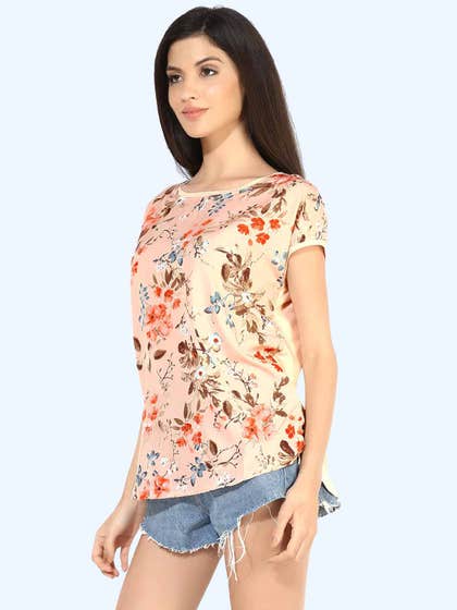 United Classic Peach Floral Casual Printed High-Low Top
