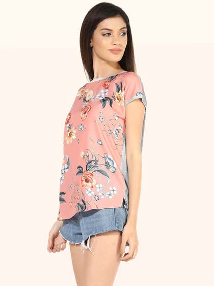 United Classic Rosewood Pink Floral Casual Printed High-Low Top